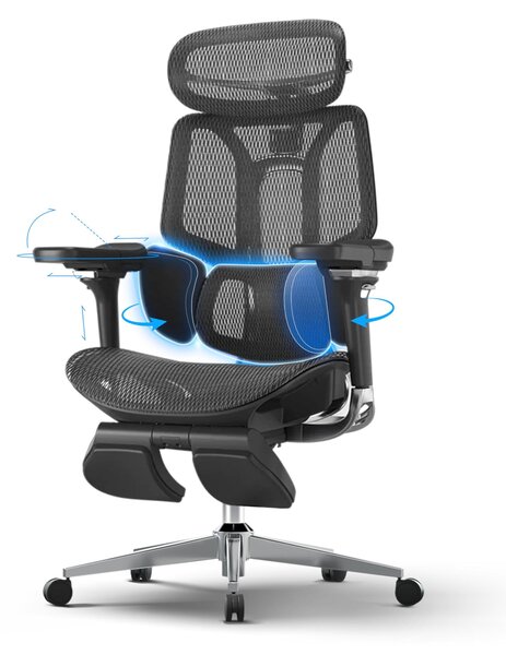Sedia da ufficio, supporto lombare a 3 zone, poggiatesta 4D, braccioli 6D, poggiapiedi