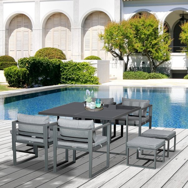 Set Tavolo con 4 Sedie e 4 Sgabelli da Giardino in Alluminio Grigio