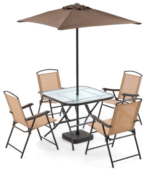 Set Tavolo con 4 Sedie Pieghevoli e Ombrellone da Giardino in Ferro Daybreak Marrone e Beige