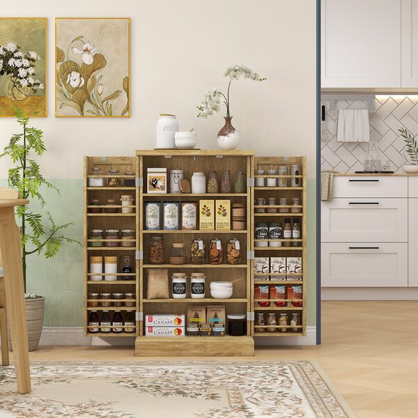 HOMCOM Buffet da cucina mobile cucina per stoccaggio con 12 portaspezie sulle ante ripiani regolabili 60 x 30 x 104 cm effetto legno naturale | Aosom Italy