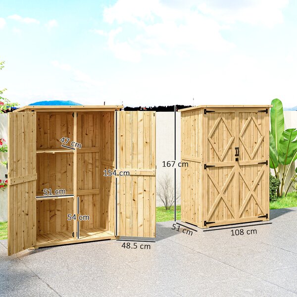 Outsunny Capanno deposito da giardino, capanno in legno per attrezzi e utensili da giardino, tetto in asfalto, porte doppie, legno di abete, marrone chiaro | Aosom Italy