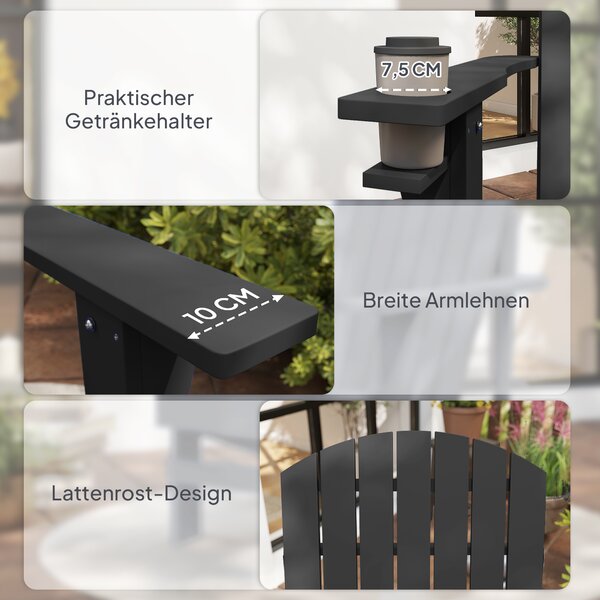 Outsunny Sedia Adirondack con portabicchiere Sedia da giardino per balcone Legno massello Nero 72 x 95 x 93 cm | Aosom Italy