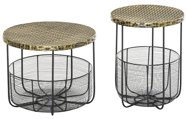 Set 2 Tavolini da Giardino in Metallo con Ceste Nero e Bronzo