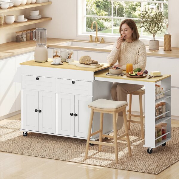 HOMCOM isola centrale da cucina con piano estensibile, carrello da cucina su ruote con 2 cassetti, 4 ante, bianco | Aosom Italy