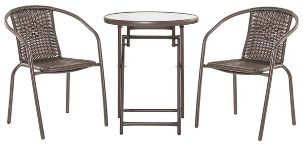 Set Tavolo e 2 Sedie Pieghevoli da Giardino in Acciaio e Rattan Marrone