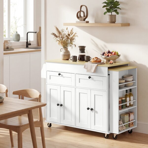 HOMCOM isola centrale da cucina con piano estensibile, carrello da cucina su ruote con 2 cassetti, 4 ante, bianco | Aosom Italy