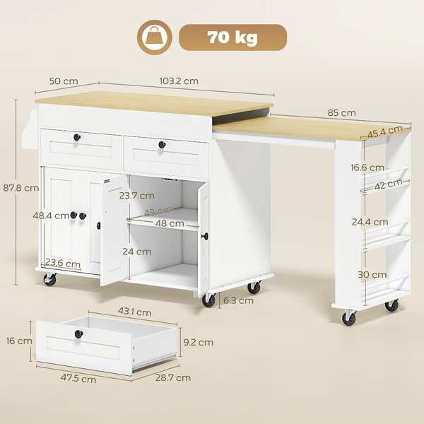 HOMCOM isola centrale da cucina con piano estensibile, carrello da cucina su ruote con 2 cassetti, 4 ante, bianco | Aosom Italy