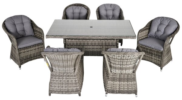 Set Tavolo e 6 Sedie da Giardino in Rattan con Cuscini Grigio