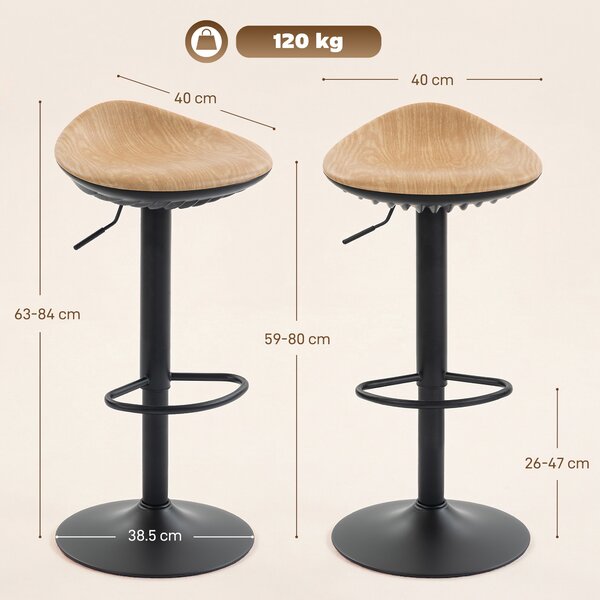 HOMCOM Set di 2 sgabelli da bar, sedie da bar regolabili in altezza con poggiapiedi, girevoli 360°, base in acciaio, rovere | Aosom Italy