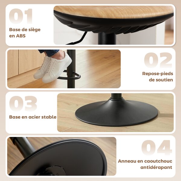 HOMCOM Set di 2 sgabelli da bar, sedie da bar regolabili in altezza con poggiapiedi, girevoli 360°, base in acciaio, rovere | Aosom Italy