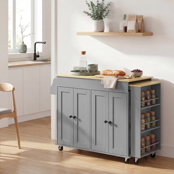 HOMCOM Isola da Cucina con Ruote Piano Estendibile 4 Ante Ripiani Regolabili Portaspezie e Supporto per Asciugamani Grigio | Aosom Italy