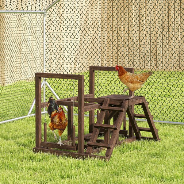 PawHut Area giochi in legno, Posatoio in legno per galline, con altalena, scala, piattaforme, 82 x 60 x 55 cm, marrone | Aosom Italy