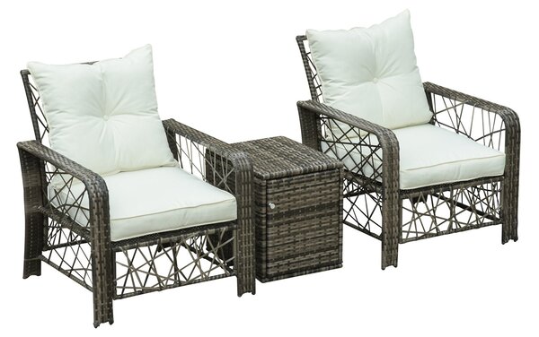 Set 2 Poltrone da Giardino con Tavolino Contenitore in Acciaio e Rattan Grigio
