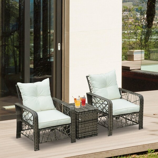 Set 2 Poltrone da Giardino con Tavolino Contenitore in Acciaio e Rattan Grigio
