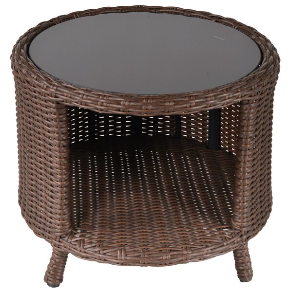 Tavolino da Giardino Ø51x42 cm in Rattna Ripiano in Vetro Marrone