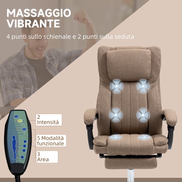 Vinsetto Poltrona da Ufficio Massaggiante con Poggiapiedi e Telecomando, Sedia in Tessuto Effetto Lino, 65x61x105-113 cm, Marrone | Aosom Italy