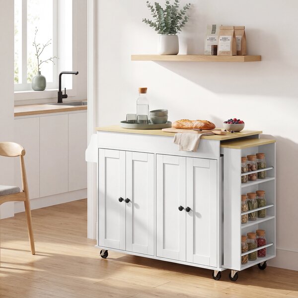 HOMCOM Isola da Cucina su Ruote Piano Estendibile 4 Ante Ripiani Regolabili Porta Spezie e Porta Asciugamani Bianco | Aosom Italy