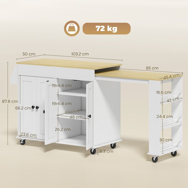 HOMCOM Isola da Cucina su Ruote Piano Estendibile 4 Ante Ripiani Regolabili Porta Spezie e Porta Asciugamani Bianco | Aosom Italy
