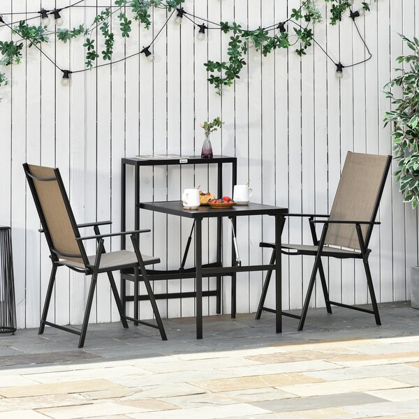 Set Tavolo con Mensola e 2 Sedie Pieghevoli da Giardino in Metallo e Textilene Marrone e Nero