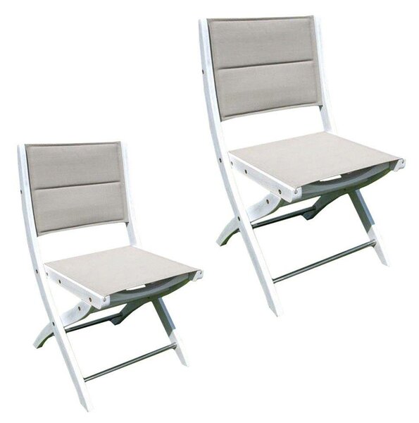 Set 2 Sedie da Giardino Pieghevoli in Legno di Acacia e Tessuto Bianco e Grigio