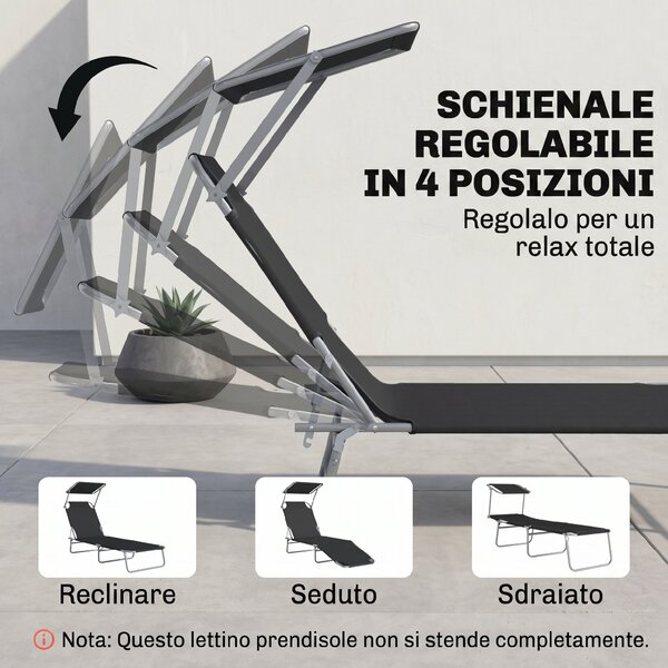 Outsunny Lettino Prendisole Reclinabile su 4 Livelli con Tettuccio, Sdraio Giardino in Tessuto Nero, Lettino da Esterno, 187x58x36cm | Aosom Italy