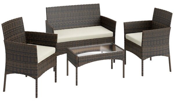 Outsunny Set da Giardino 4 Pezzi con Divano 2 Posti, 2 Sedie e Tavolino Basso, in Rattan e Acciaio, Beige e Marrone