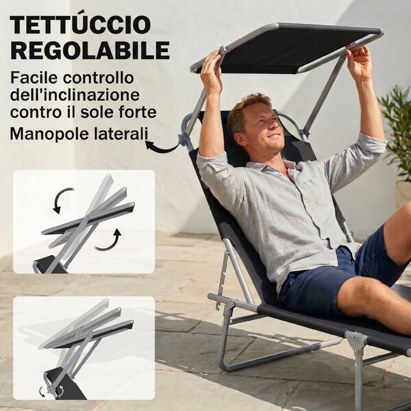 Outsunny Lettino Prendisole Reclinabile su 4 Livelli con Tettuccio, Sdraio Giardino in Tessuto Nero, Lettino da Esterno, 187x58x36cm | Aosom Italy