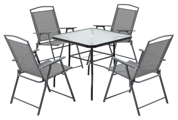 Set Tavolo e 4 Sedie Pieghevoli da Giardino in Acciaio Piano in Vetro e Sedute in Tessuto Nero
