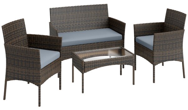 Outsunny Set da Giardino 4pz con Divano 2 Posti, 2 Sedie e Tavolino Basso, in Rattan e Acciaio, Grigio e Marrone | Aosom Italy
