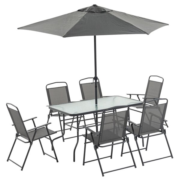 Set Tavolo e 6 Sedie Pieghevoli da Giardino con Ombrellone Piano in Vetro e Sedute in Tessuto Grigio