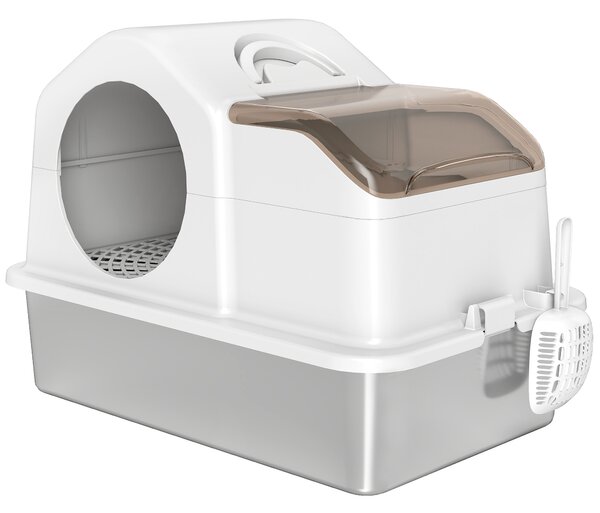 PawHut Lettiera per Gatti Chiusa con 2 Tappetini, in Acciaio Inox, ABS e PP, 60.5x40.5x42 cm, Bianca e Argento | Aosom Italy