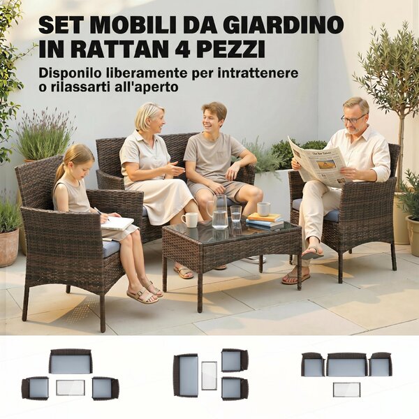 Outsunny Set da Giardino 4pz con Divano 2 Posti, 2 Sedie e Tavolino Basso, in Rattan e Acciaio, Grigio e Marrone | Aosom Italy
