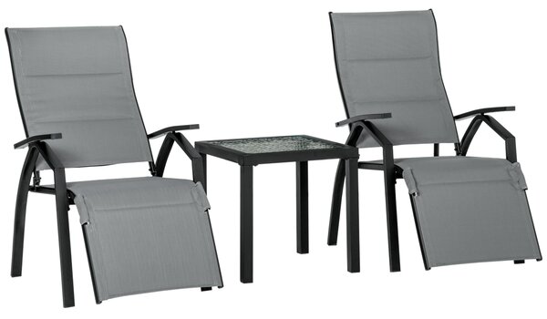 Set Tavolino e 2 Sdraio Reclinabili da Giardino Tessuto a Rete e Cotone Grigio Scuro