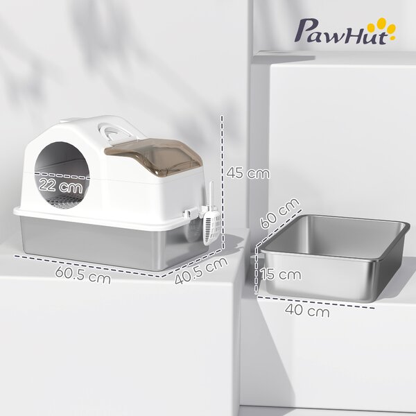 PawHut Lettiera per Gatti Chiusa con 2 Tappetini, in Acciaio Inox, ABS e PP, 60.5x40.5x42 cm, Bianca e Argento | Aosom Italy