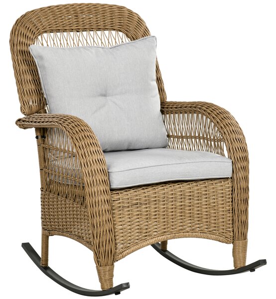 Outsunny Sedia a Dondolo in Stile Boho, Rattan PE, Sedia a Dondolo in Rattan, Coperture per Cuscini Lavabili, Naturale + Grigio Chiaro