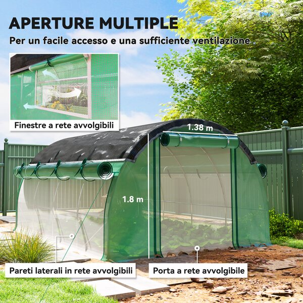 Outsunny Serra a Tunnel 4x3 m con Rete Ombreggiante Extra, Finestre e Ingresso a Zip, in PE e Acciaio, Verde | Aosom Italy