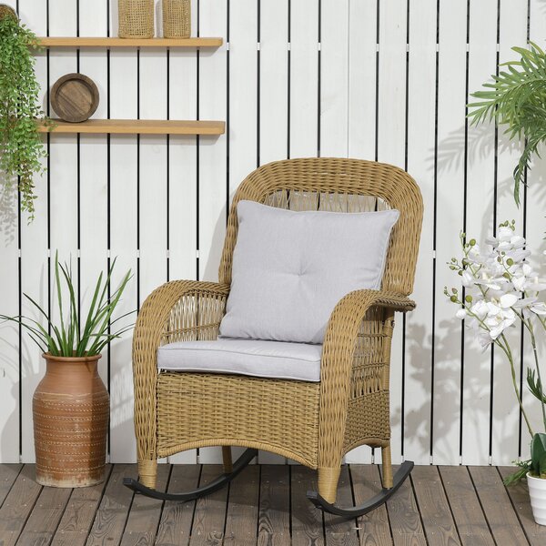 Outsunny Sedia a Dondolo in Stile Boho, Rattan PE, Sedia a Dondolo in Rattan, Coperture per Cuscini Lavabili, Naturale + Grigio Chiaro