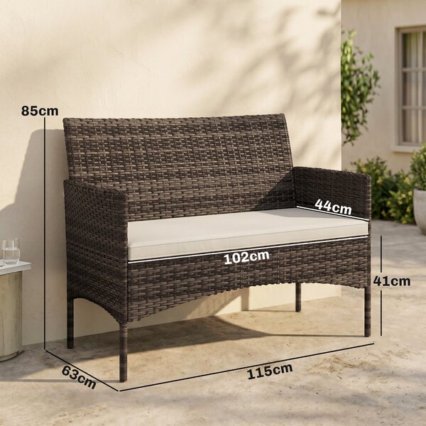 Outsunny Divano da Giardino 2 Posti con Cuscini e Tappetini Antiscivolo, in Rattan e Acciaio, 115x63x85 cm, Beige | Aosom Italy