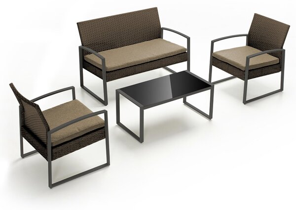 Set Salotto da Giardino in PVC Rattan Divano 2 Posti Tavolo e 2 Poltrone Taddei Monaco Beige