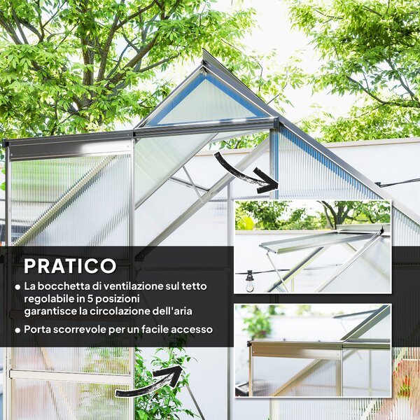 Outsunny Serra in Policarbonato e Alluminio con Porta a Battente e Finestra a Tetto, 192.5x131x200 cm, Argento | Aosom Italy