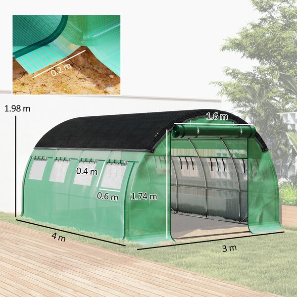 Outsunny Serra a Tunnel 4x3 m con Rete Ombreggiante Extra, Finestre e Ingresso a Zip, in PE e Acciaio, Verde | Aosom Italy