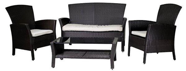 Set Salotto da Giardino Tavolino Divano 2 Sedie in Polyrattan con Cuscini Amalia Noce