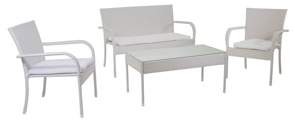 Set Salotto da Giardino Tavolino Divano 2 Sedie in Polyrattan con Cuscini Melbourne Bianco