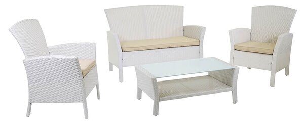 Set Salotto da Giardino Tavolino Divano 2 Sedie in Polyrattan con Cuscini Amalia Bianco
