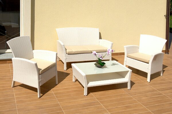 Set Salotto da Giardino Tavolino Divano 2 Sedie in Polyrattan con Cuscini Amalia Bianco