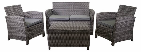 Set Salotto da Giardino Tavolino Baule Divano 2 Sedie in Polyrattan con Cuscini Tulsa Grigio