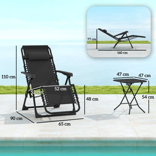 Outsunny Set di 2 Sedie Sdraio da Giardino Zero Gravity e Tavolino con Portabicchieri, Set Sedie Pieghevoli con Poggiatesta e Tessuto Traspirante, Schienale Regolabile a 5 livelli, Nero | Aosom Italy