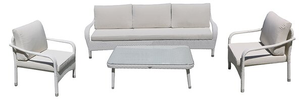Set da Giardino Tavolo Poltrone e Divano 3 Posti in Polyrattan con Cuscini Adila Bianco