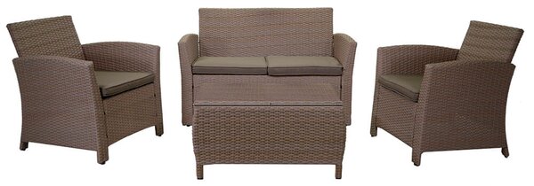 Set Salotto da Giardino Tavolino Baule Divano 2 Sedie in Polyrattan con Cuscini Tulsa Natural