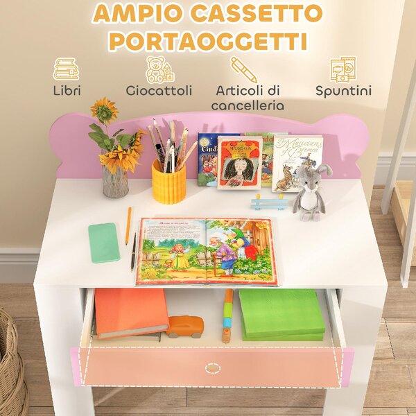DecHome Set Scrivania per Bambini con Cassetto e Sedia con Schienale a Orsetto Et 3-8 Anni colore Rosa